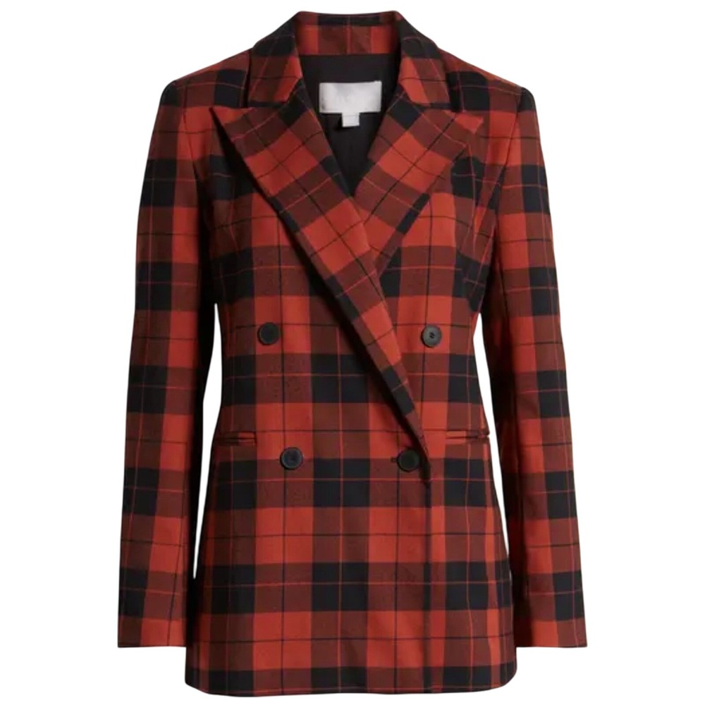 CHELSEA28 Rusty Red Plaid Blazer Double Breasted Career Holiday Preppy SZ S EUC